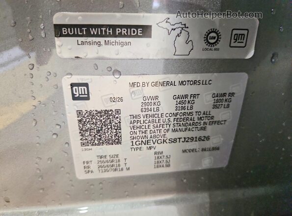 1GNEVGKS8TJ291626 2026 CHEVROLET TRAVERSE Gray VIN sticker view