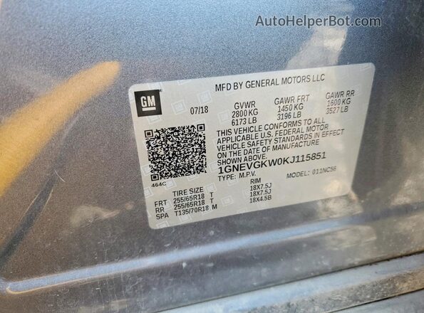 1GNEVGKW0KJ115851 2019 CHEVROLET TRAVERSE Gray Widok naklejki z numerem VIN