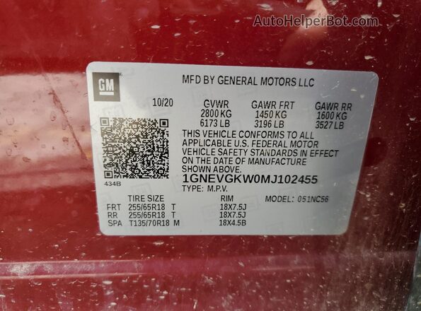 1GNEVGKW0MJ102455 2021 CHEVROLET TRAVERSE Red Widok wnętrza 360 stopni