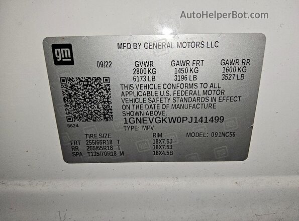 1GNEVGKW0PJ141499 2023 CHEVROLET TRAVERSE White Vista de la etiqueta del VIN