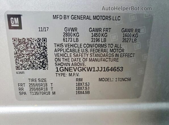 1GNEVGKW1JJ164653 2018 CHEVROLET TRAVERSE Silver Vista de la etiqueta del VIN