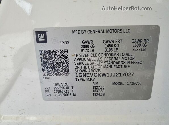 1GNEVGKW1JJ217027 2018 CHEVROLET TRAVERSE White Vista de la etiqueta del VIN