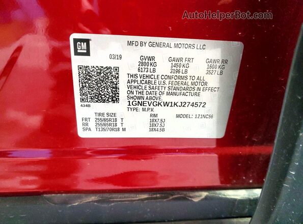 1GNEVGKW1KJ274572 2019 CHEVROLET TRAVERSE Red Вид наклейки з VIN-кодом