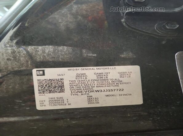 1GNEVGKW3JJ157722 2018 CHEVROLET TRAVERSE Черный Вид наклейки с VIN-кодом