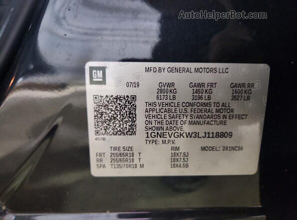 1GNEVGKW3LJ118809 2020 CHEVROLET TRAVERSE Blue Вид наклейки з VIN-кодом