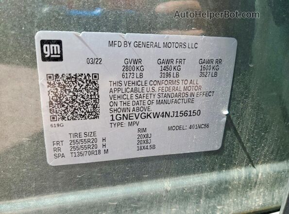 1GNEVGKW4NJ156150 2022 CHEVROLET TRAVERSE Teal Vista de la etiqueta del VIN