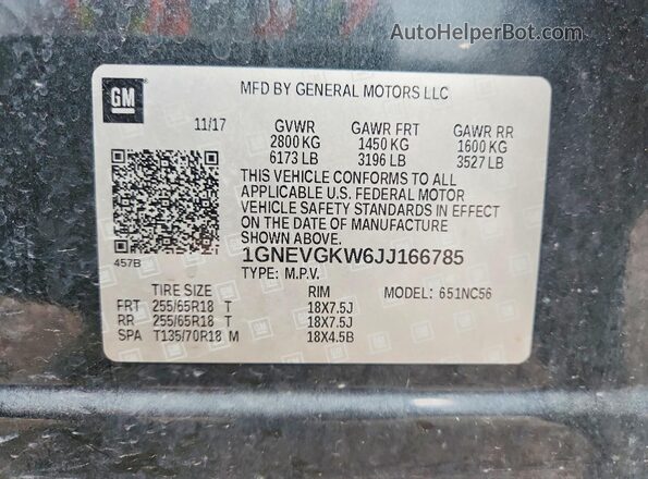 1GNEVGKW6JJ166785 2018 CHEVROLET TRAVERSE Black Widok naklejki z numerem VIN