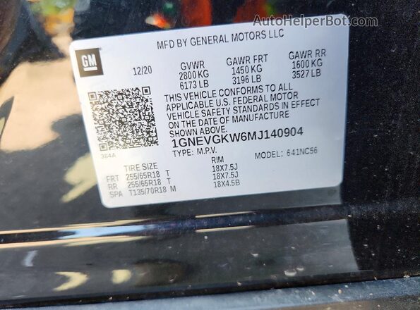 1GNEVGKW6MJ140904 2021 CHEVROLET TRAVERSE Black VIN sticker view