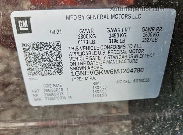 1GNEVGKW6MJ204780 2021 CHEVROLET TRAVERSE Purple VIN კოდის სტიკერის ხედი