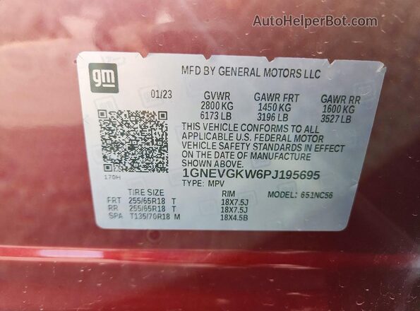 1GNEVGKW6PJ195695 2023 CHEVROLET TRAVERSE Red Vista de la etiqueta del VIN