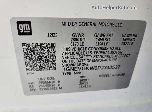 1GNEVGKW6PJ343537 2023 CHEVROLET TRAVERSE Белый Вид наклейки с VIN-кодом