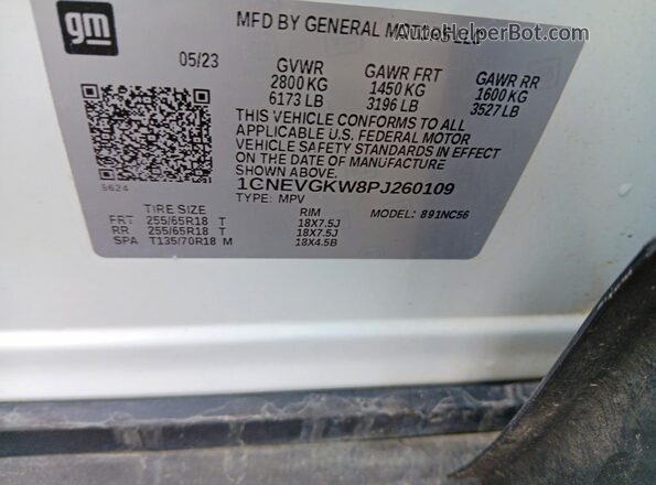 1GNEVGKW8PJ260109 2023 CHEVROLET TRAVERSE White Вид наклейки з VIN-кодом