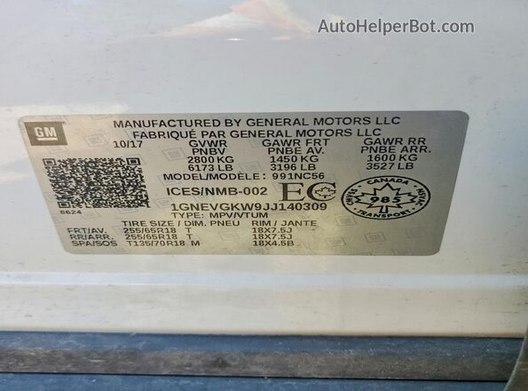 1GNEVGKW9JJ140309 2018 CHEVROLET TRAVERSE Белый Вид наклейки с VIN-кодом