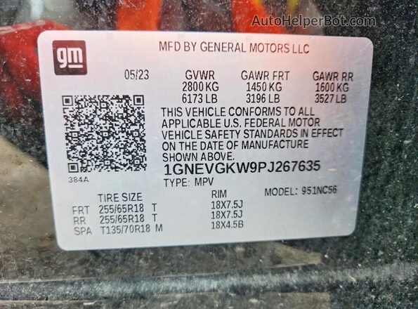 1GNEVGKW9PJ267635 2023 CHEVROLET TRAVERSE Черный Вид наклейки с VIN-кодом