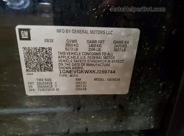 1GNEVGKWXKJ159744 2019 CHEVROLET TRAVERSE Black Widok naklejki z numerem VIN