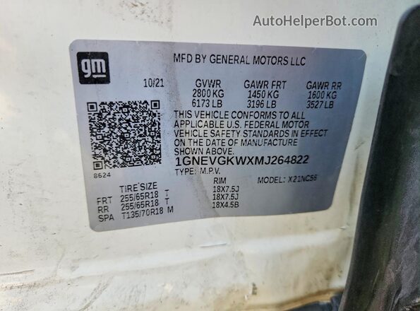 1GNEVGKWXMJ264822 2021 CHEVROLET TRAVERSE White VIN კოდის სტიკერის ხედი