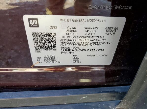 1GNEVGKWXPJ112284 2023 CHEVROLET TRAVERSE Burgundy Vista de la etiqueta del VIN