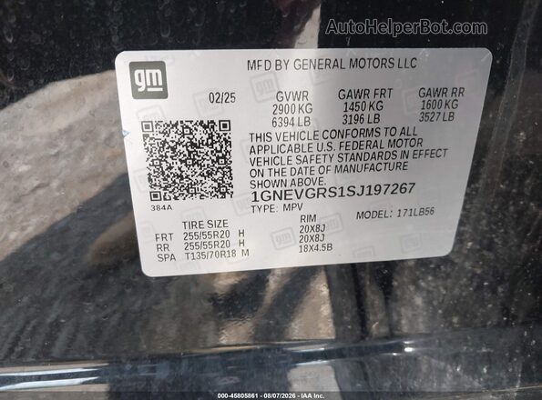1GNEVGRS1SJ197267 2025 CHEVROLET TRAVERSE Черный Вид подкапотного пространства