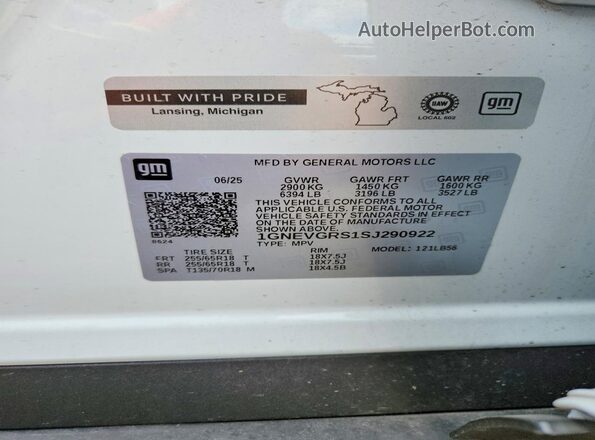 1GNEVGRS1SJ290922 2025 CHEVROLET TRAVERSE White Vista de la etiqueta del VIN