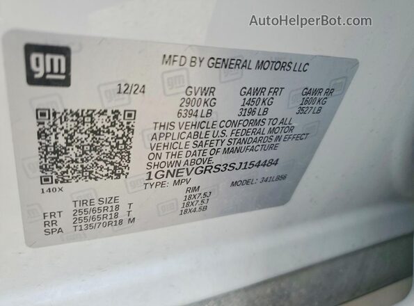 1GNEVGRS3SJ154484 2025 CHEVROLET TRAVERSE Белый Вид наклейки с VIN-кодом