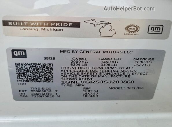 1GNEVGRS3SJ283860 2025 CHEVROLET TRAVERSE White Widok wnętrza 360 stopni