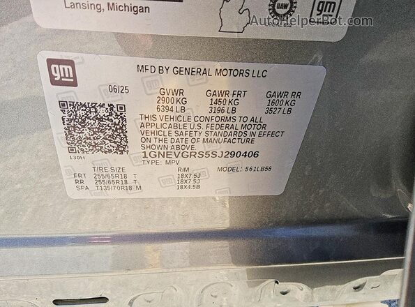 1GNEVGRS5SJ290406 2025 CHEVROLET TRAVERSE Gray VIN კოდის სტიკერის ხედი