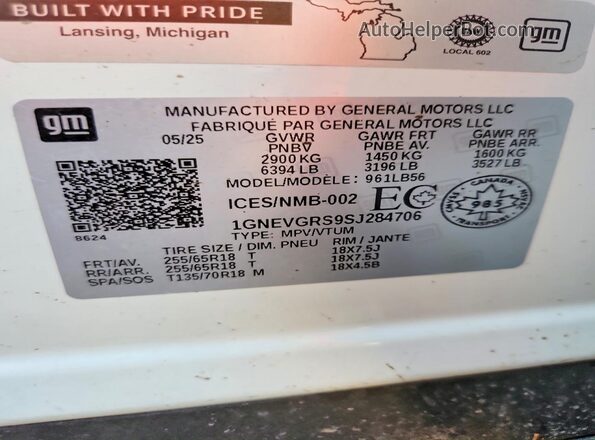 1GNEVGRS9SJ284706 2025 CHEVROLET TRAVERSE White Widok naklejki z numerem VIN