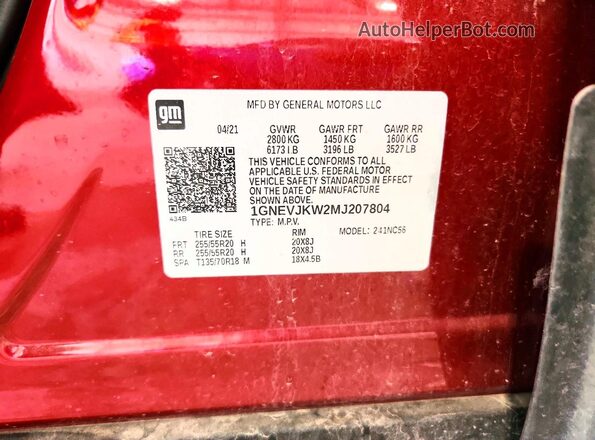 1GNEVJKW2MJ207804 2021 CHEVROLET TRAVERSE Темно-бордовый Вид наклейки с VIN-кодом