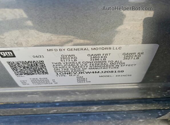 1GNEVJKW4MJ208159 2021 CHEVROLET TRAVERSE Gray Вид наклейки з VIN-кодом