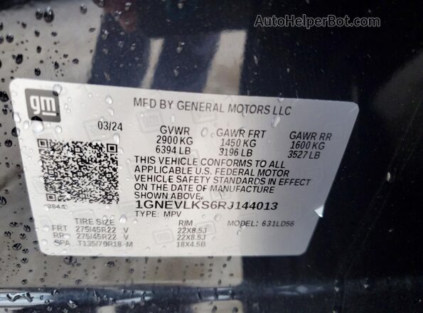 1GNEVLKS6RJ144013 2024 CHEVROLET TRAVERSE Black Vista de la etiqueta del VIN