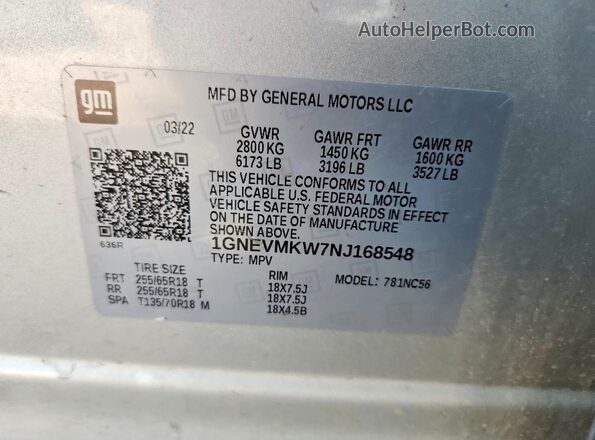 1GNEVMKW7NJ168548 2022 CHEVROLET TRAVERSE Silver Սալոնի 360 աստիճան տեսք