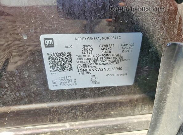 1GNEVNKW2NJ173940 2022 CHEVROLET TRAVERSE Burgundy Vista de la etiqueta del VIN