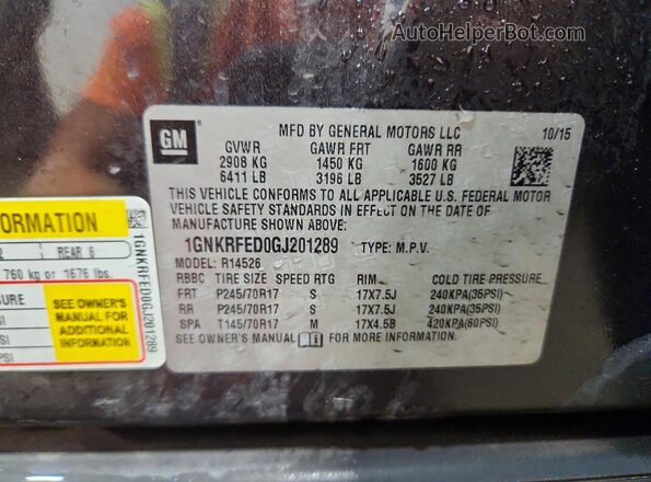 1GNKRFED0GJ201289 2016 CHEVROLET TRAVERSE Charcoal VIN კოდის სტიკერის ხედი