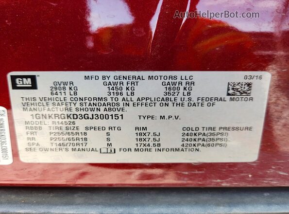 1GNKRGKD3GJ300151 2016 CHEVROLET TRAVERSE Red Widok naklejki z numerem VIN