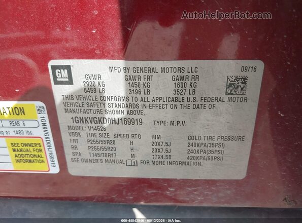 1GNKVGKD0HJ169919 2017 CHEVROLET TRAVERSE Maroon Vista del compartimento del motor