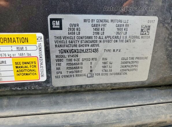 1GNKVGKD2HJ272436 2017 CHEVROLET TRAVERSE Charcoal Vista de la etiqueta del VIN