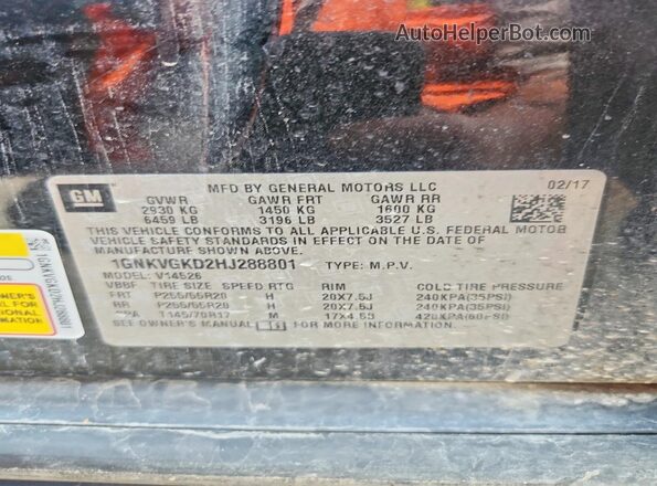 1GNKVGKD2HJ288801 2017 CHEVROLET TRAVERSE Угольный Вид наклейки с VIN-кодом