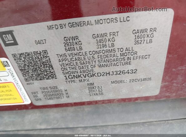 1GNKVGKD2HJ326432 2017 CHEVROLET TRAVERSE Red Շարժիչի բաժամունքի տեսք