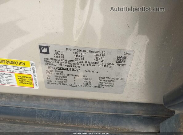 1GNKVGKD4HJ145297 2017 CHEVROLET TRAVERSE Gold Вид підкапотного простору