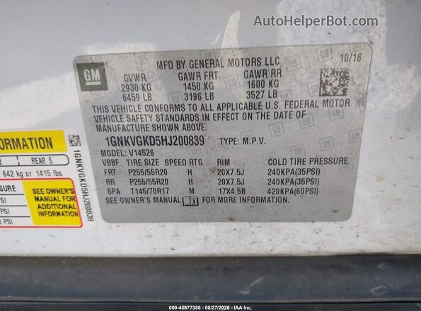 1GNKVGKD5HJ200839 2017 CHEVROLET TRAVERSE White Vista del compartimento del motor