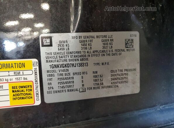 1GNKVGKD7HJ138313 2017 CHEVROLET TRAVERSE Gray VIN sticker view