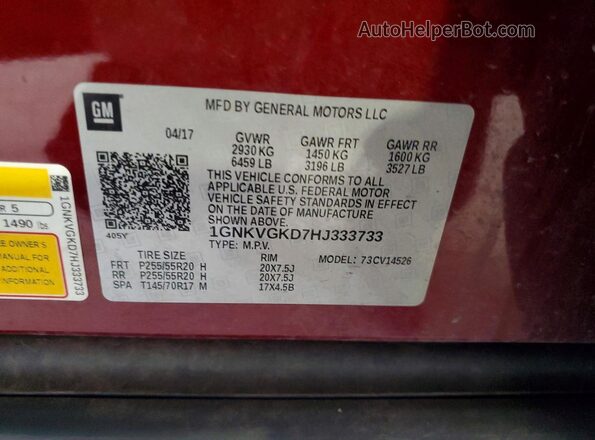 1GNKVGKD7HJ333733 2017 CHEVROLET TRAVERSE Red Вид підкапотного простору