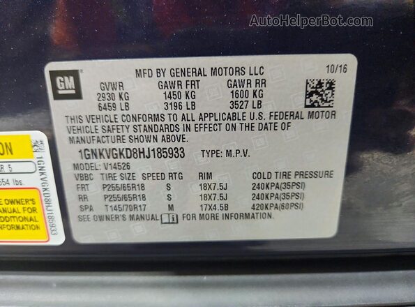 1GNKVGKD8HJ185933 2017 CHEVROLET TRAVERSE Blue VIN sticker view