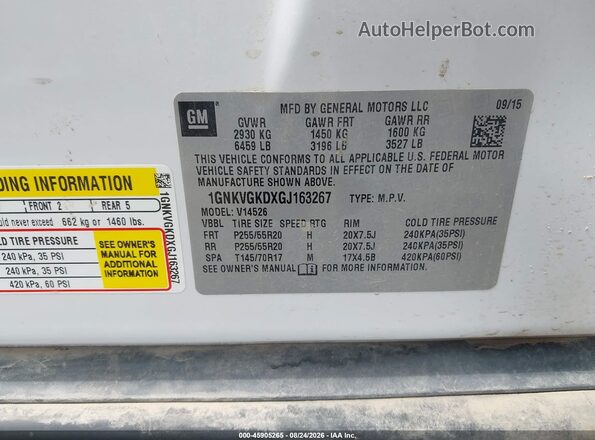 1GNKVGKDXGJ163267 2016 CHEVROLET TRAVERSE White Вид підкапотного простору