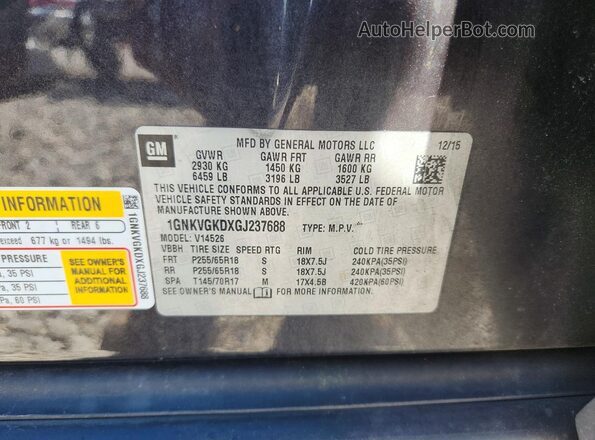 1GNKVGKDXGJ237688 2016 CHEVROLET TRAVERSE Серый Вид наклейки с VIN-кодом