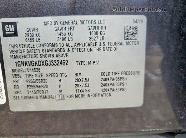 1GNKVGKDXGJ332462 2016 CHEVROLET TRAVERSE Gray Vista de la etiqueta del VIN