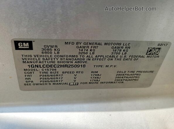 1GNLCDEC2HR250918 2017 CHEVROLET TAHOE Серебряный Вид наклейки с VIN-кодом