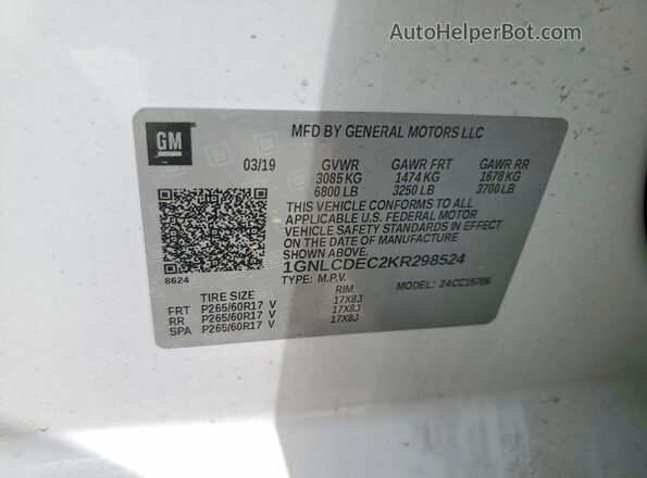 1GNLCDEC2KR298524 2019 CHEVROLET TAHOE Белый Вид наклейки с VIN-кодом