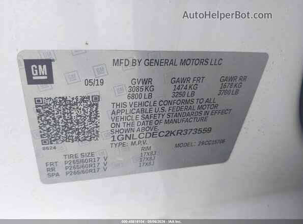 1GNLCDEC2KR373559 2019 CHEVROLET TAHOE Белый Вид подкапотного пространства