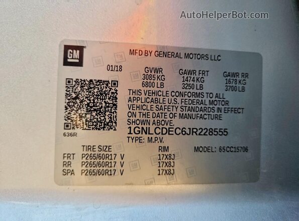 1GNLCDEC6JR228555 2018 CHEVROLET TAHOE Silver Vista de la etiqueta del VIN